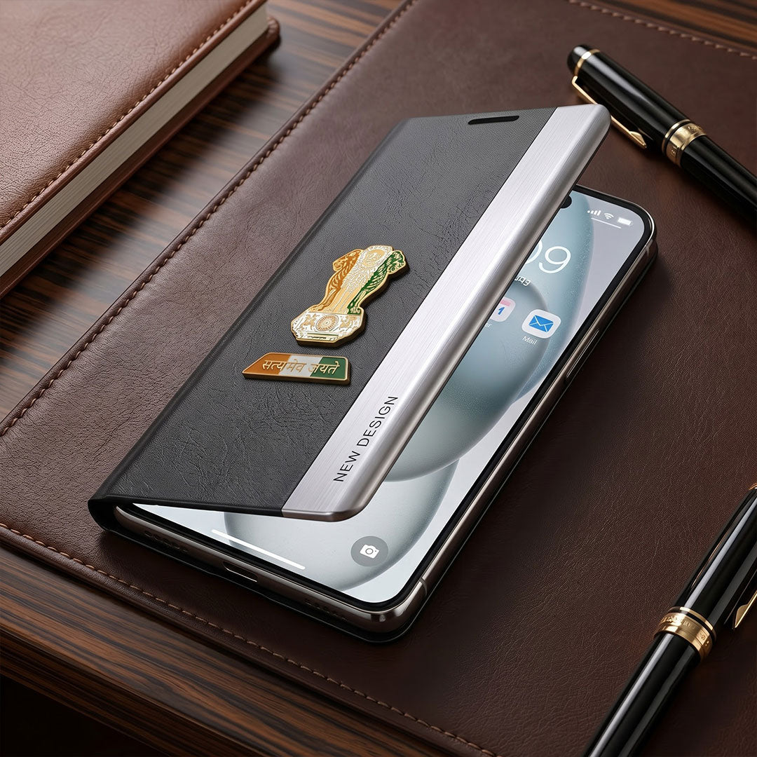 Vivo V70 FE 5G Satyamev Jayate Metal Emblems Flip Leather Case