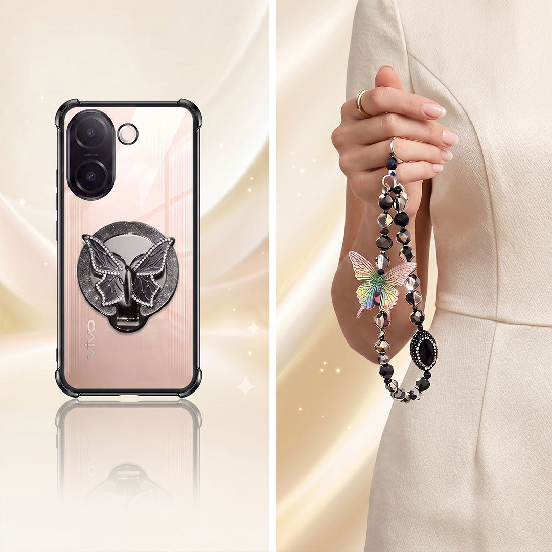 Vivo V60e 5G Transparent Airbag Butterfly Stand Case with Charm Strap