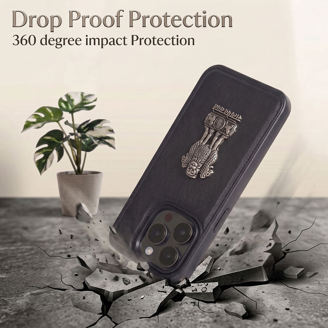 iPhone 15 Series 5G Skin Feel Leather Metal Satyamev Jayate Emblem Case