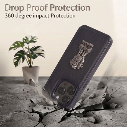 iPhone 15 Series 5G Skin Feel Leather Metal Satyamev Jayate Emblem Case
