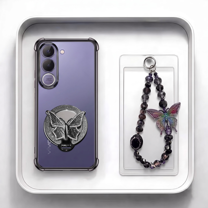Vivo V70 FE 5G Transparent Airbag Butterfly Stand Case with Charm Strap