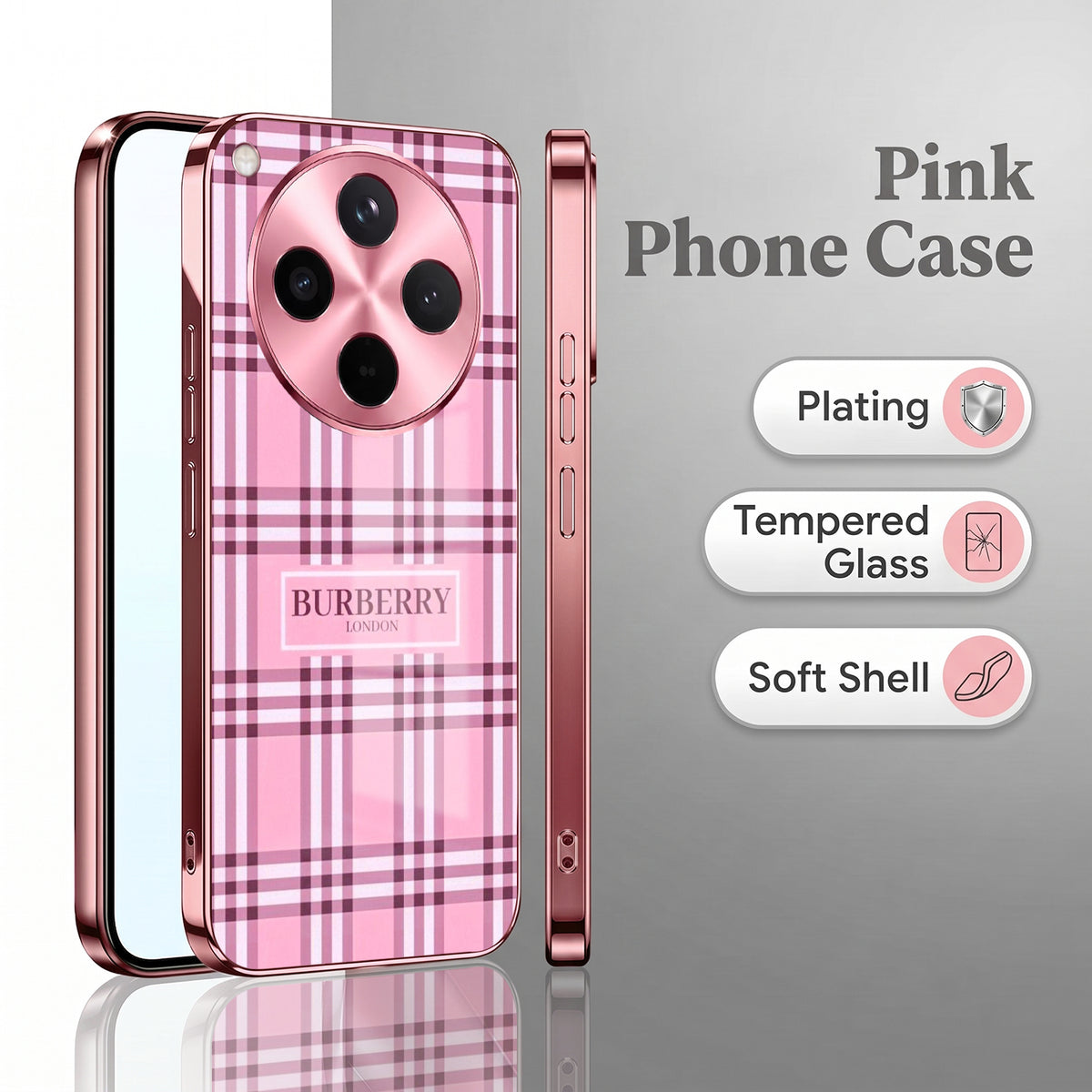 Oppo Find X8 5G Burberry Classic Pink Electroplated Glass Phone Back Case