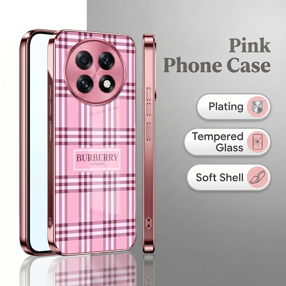 Oppo F31 Pro+ 5G Burberry Classic Pink Electroplated Glass Phone Back Case