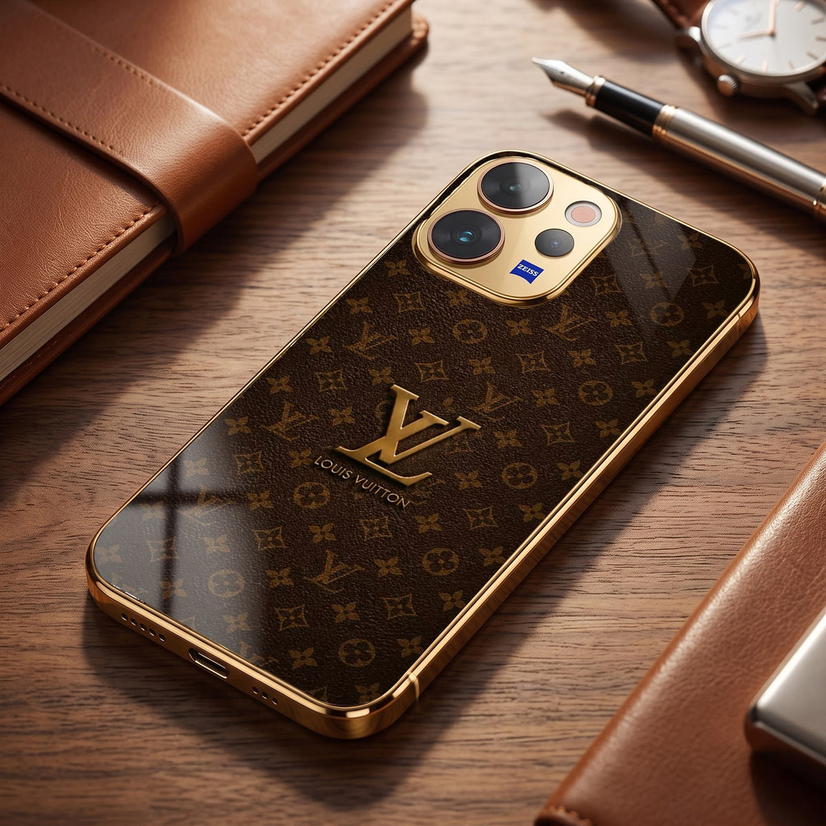 Vivo V70 5G LV Brown Monogram Gold Electroplated Glass Phone Back Case