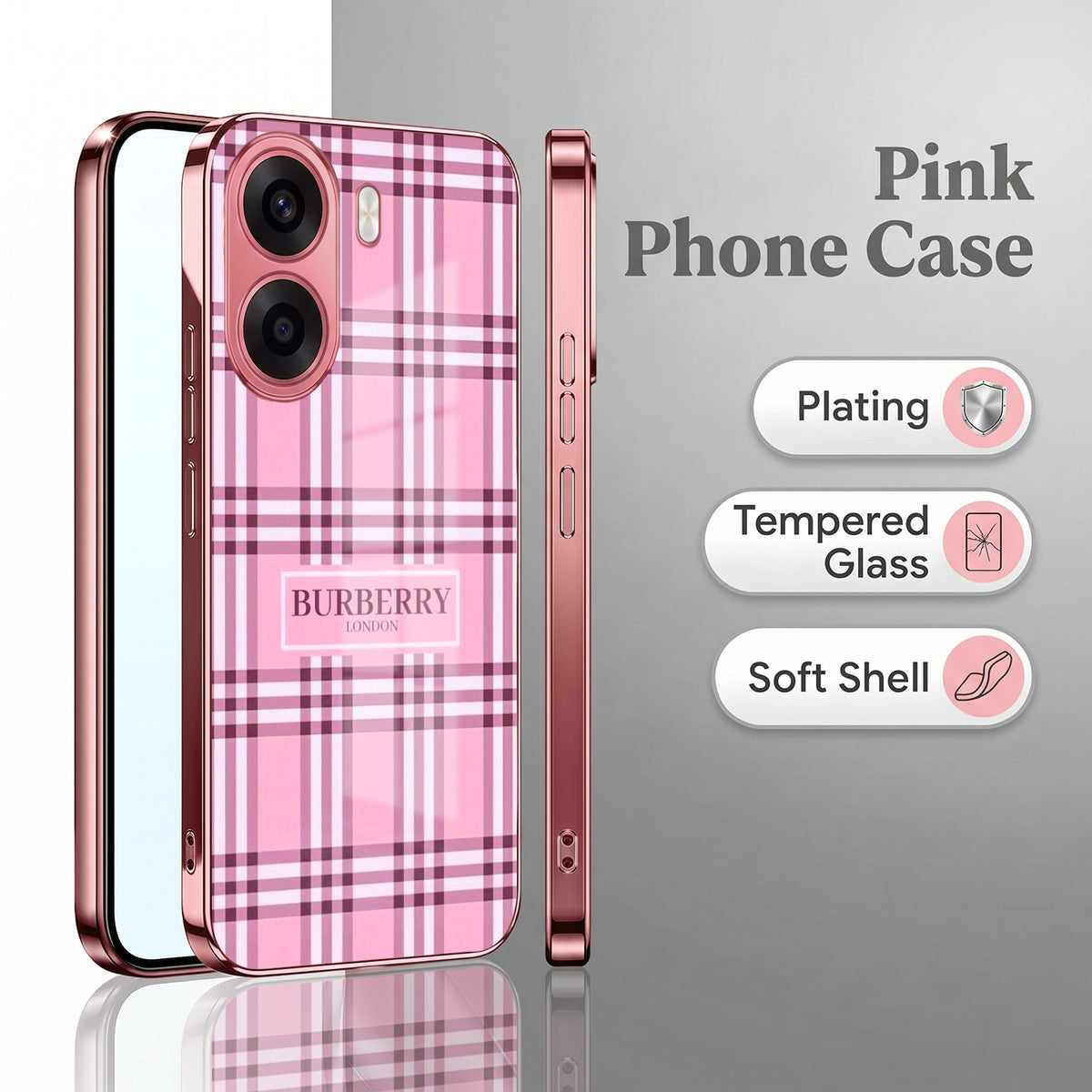 Oppo K14x 5G Burberry Classic Pink Electroplated Glass Phone Back Case
