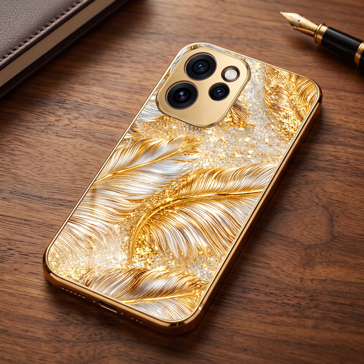 Oppo Reno 15 Pro Mini 5G Golden Feather Marble Gold Electroplated Glass Phone Back Case