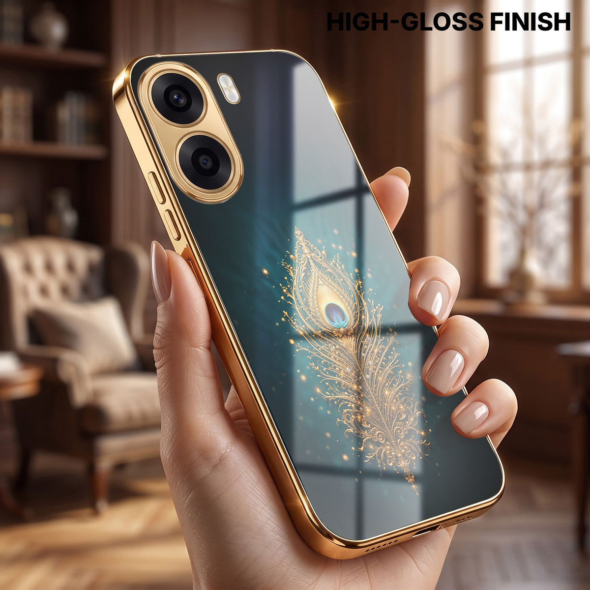 Oppo K14x 5G Golden Peacock Feather Gold Electroplated Glass Phone Back Case