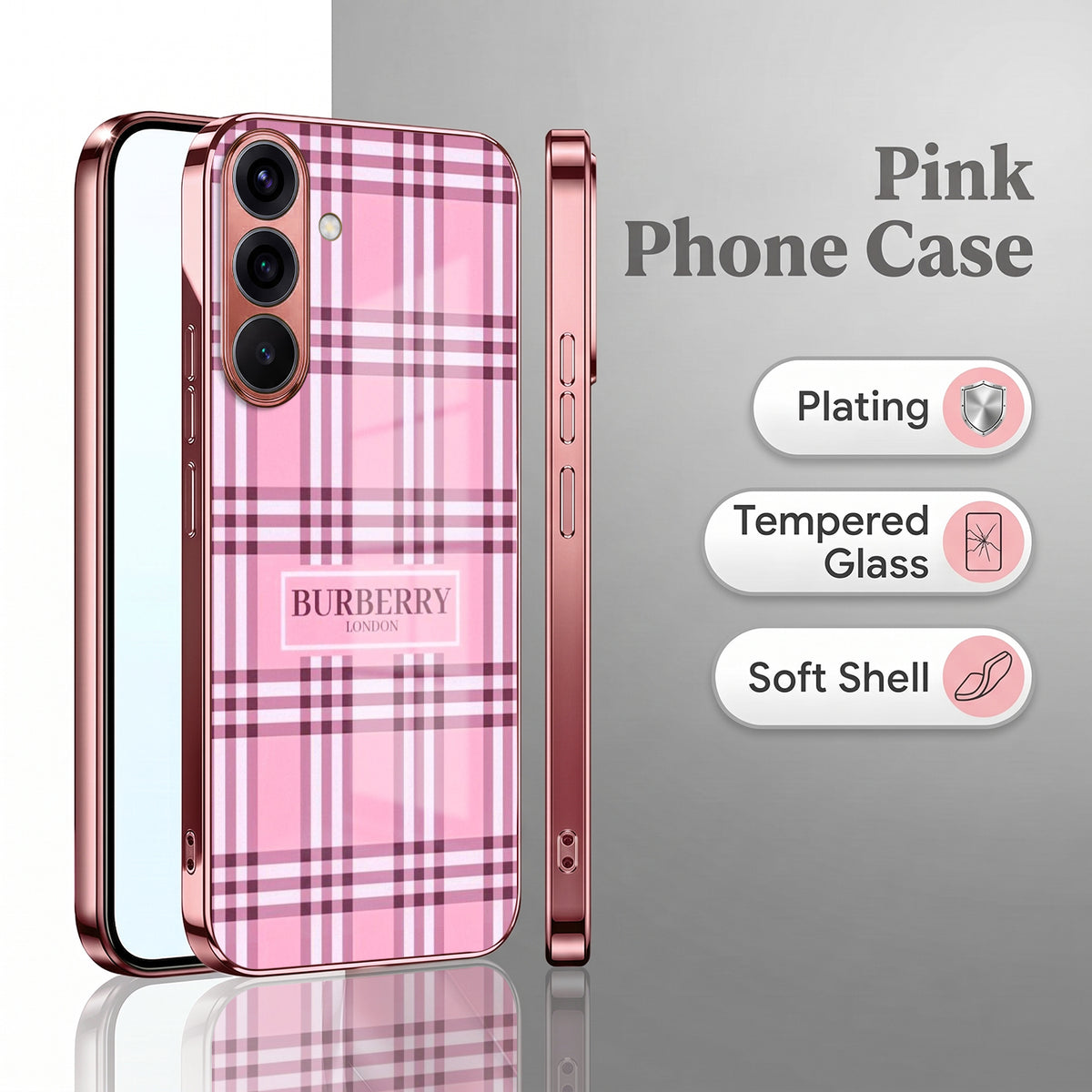 Samsung Galaxy A36 5G Burberry Classic Pink Electroplated Glass Phone Back Case