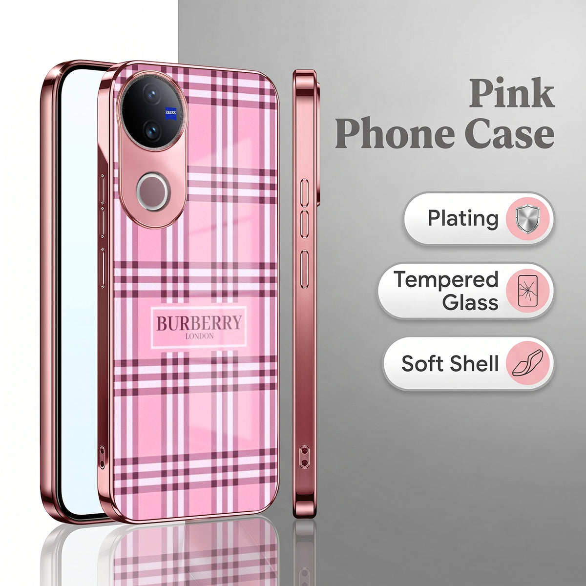 Vivo V50 5G Burberry Classic Pink Electroplated Glass Phone Back Case