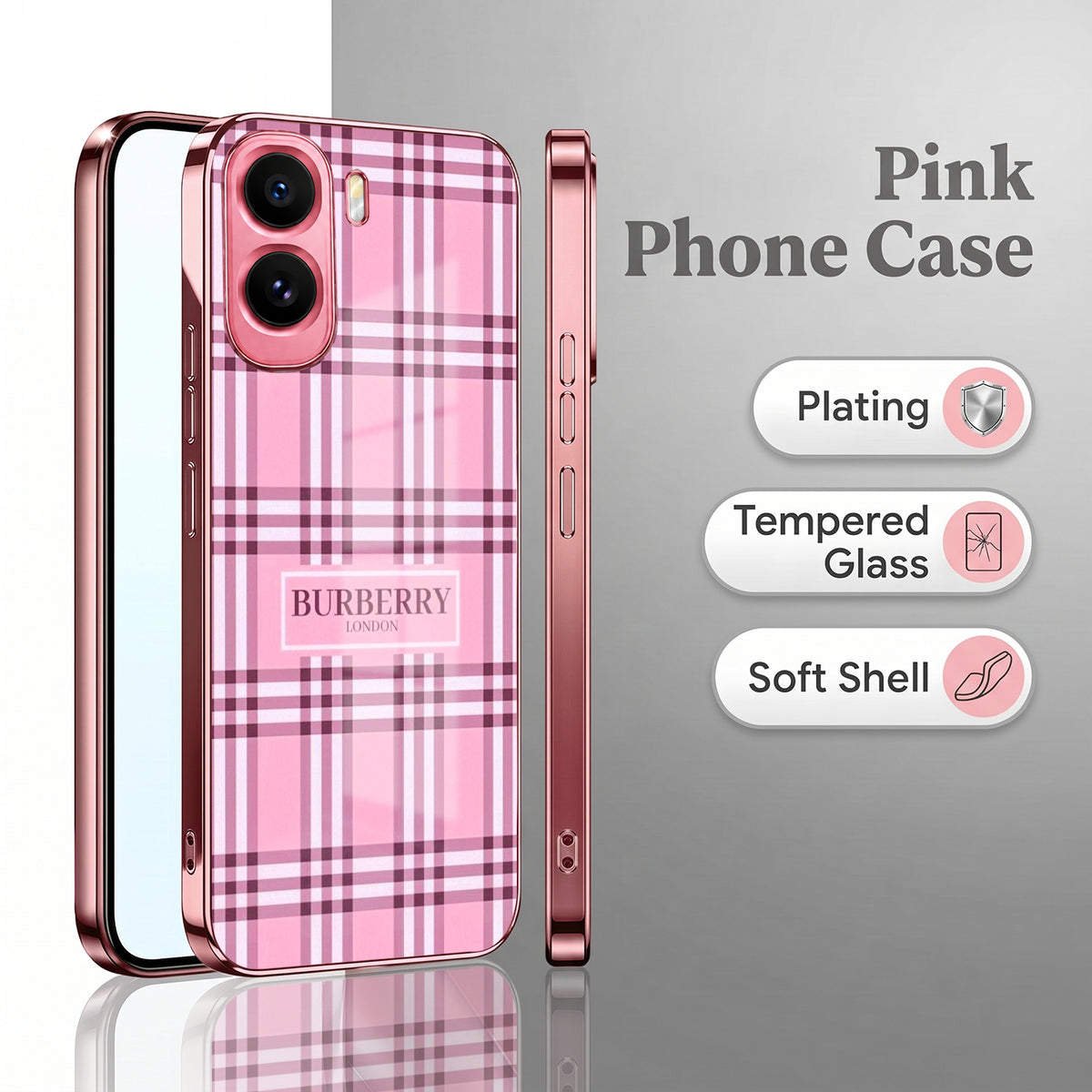 Vivo T5 Pro 5G Burberry Classic Pink Electroplated Glass Phone Back Case