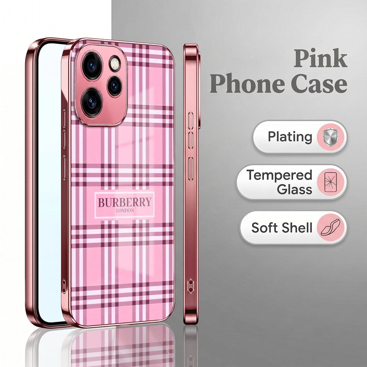 Oppo Reno 15 Pro 5G Burberry Classic Pink Electroplated Glass Phone Back Case