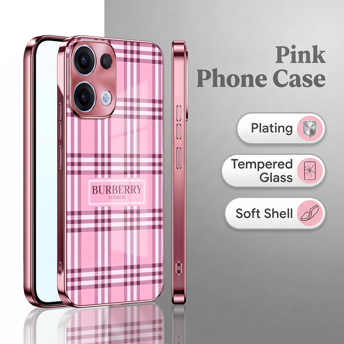 Oppo Reno 13 5G Burberry Classic Pink Electroplated Glass Phone Back Case