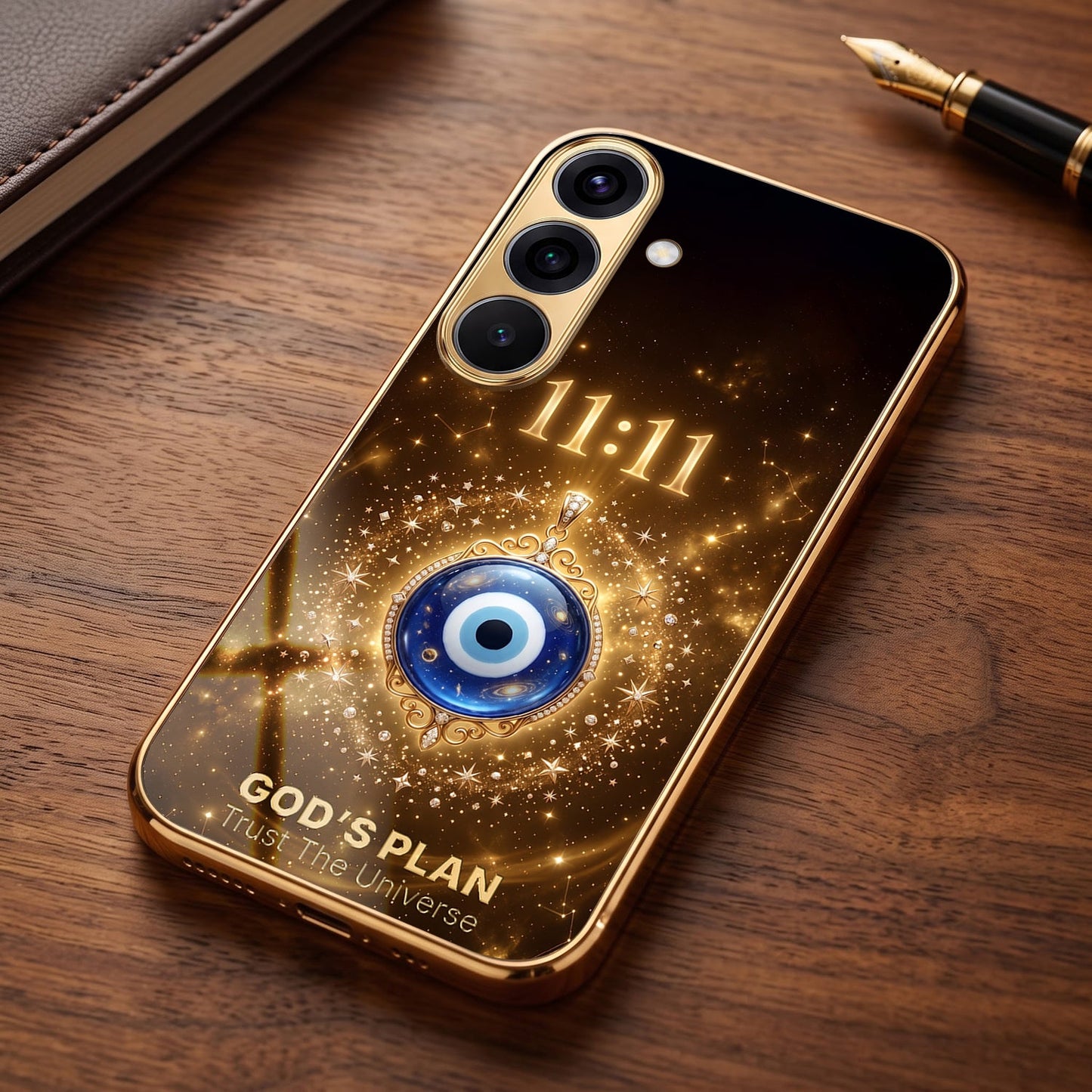 Samsung Galaxy A56 5G God’s Plan Evil Eye Gold Electroplated Glass Phone Back Case
