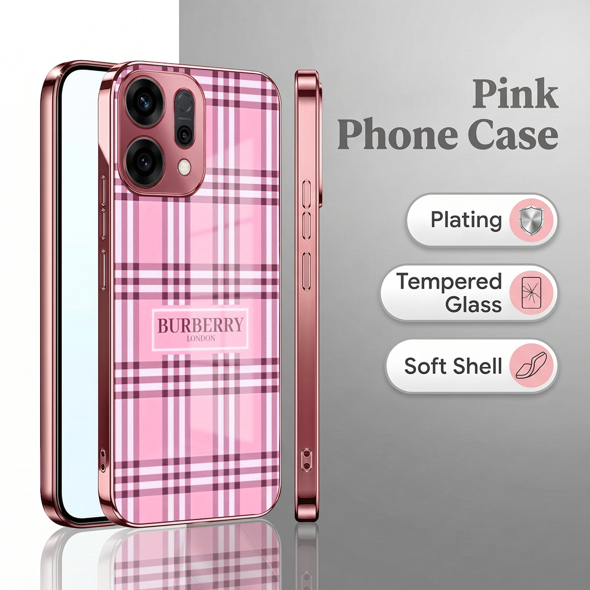 Oppo Reno 14 5G Burberry Classic Pink Electroplated Glass Phone Back Case