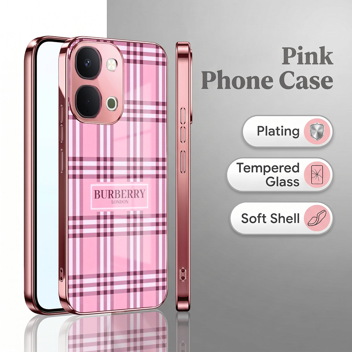 Vivo T5x 5G Burberry Classic Pink Electroplated Glass Phone Back Case