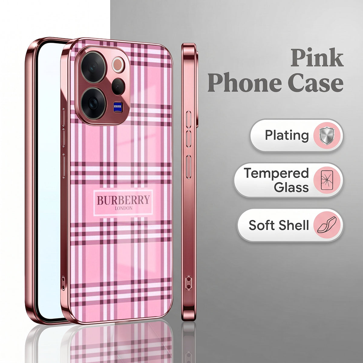 Vivo V70 5G Burberry Classic Pink Electroplated Glass Phone Back Case