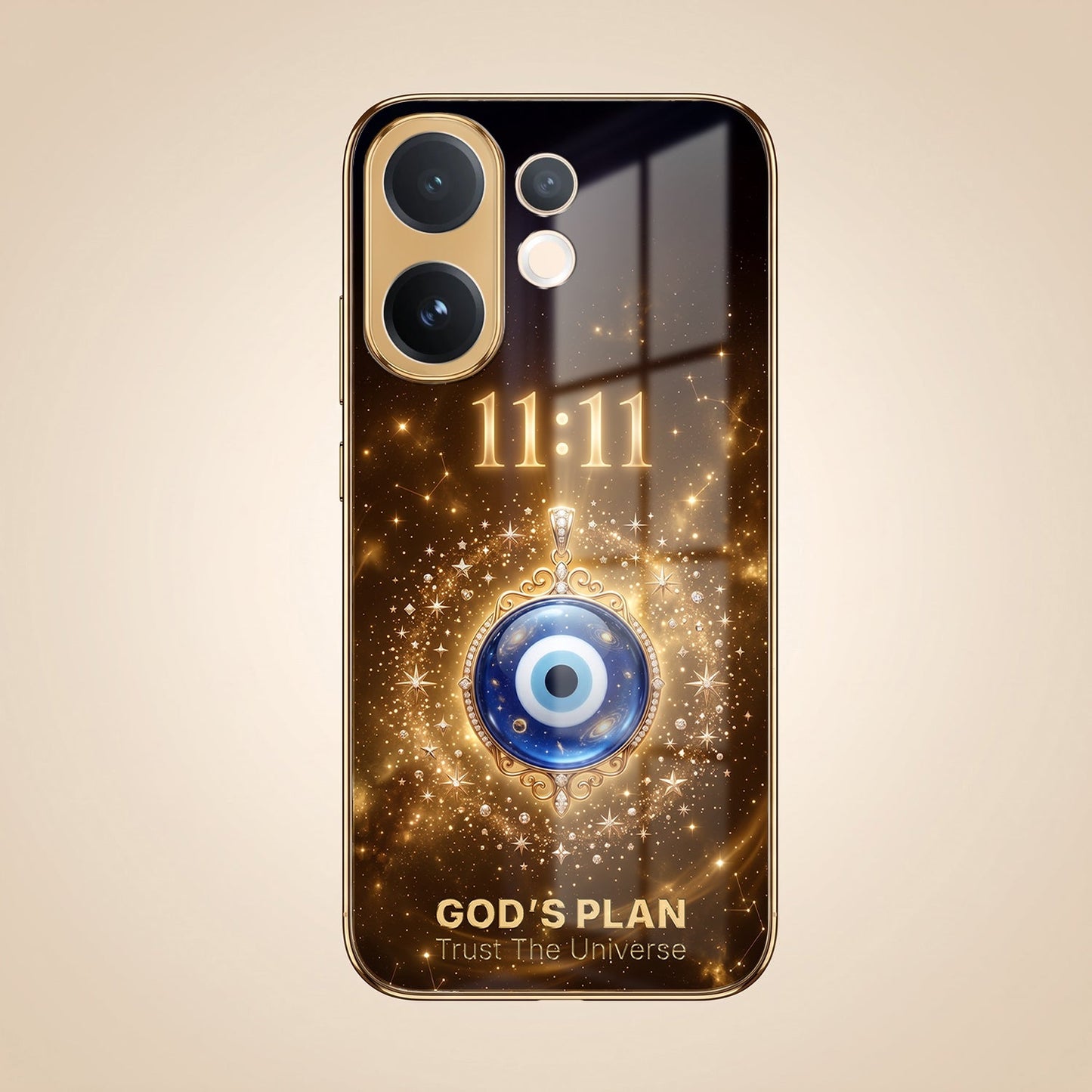 Vivo V60 5G God’s Plan Evil Eye Gold Electroplated Glass Phone Back Case