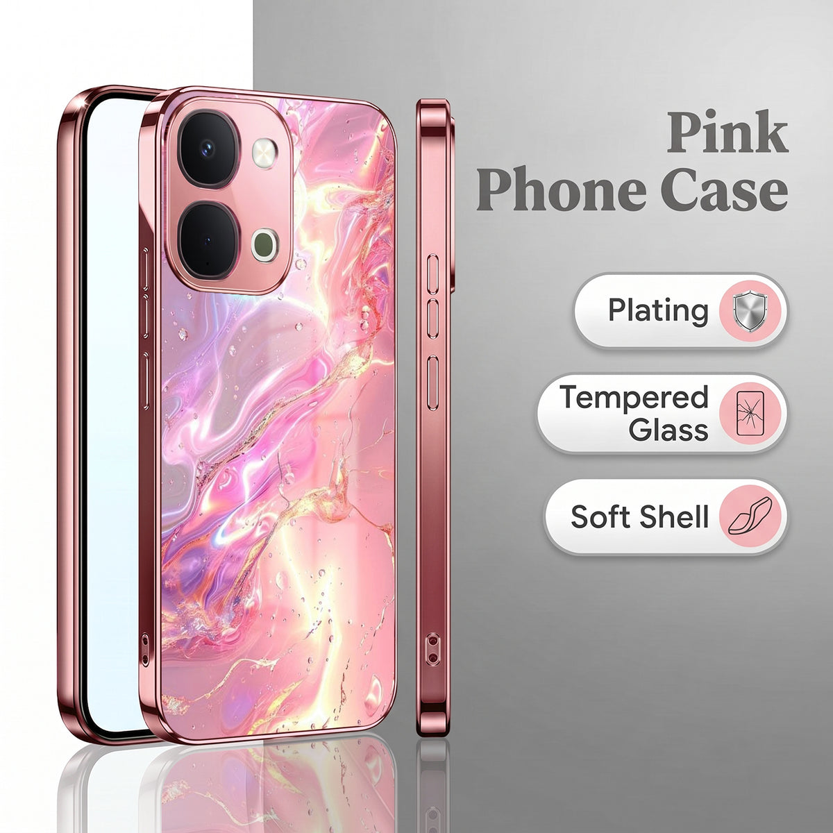 Vivo T5x 5G Pearl Aurora Pink Electroplated Glass Phone Back Case