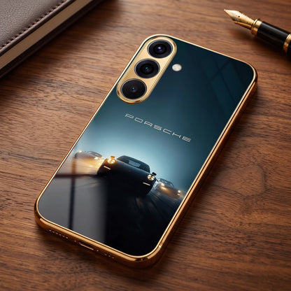 Samsung Galaxy A56 5G Porsche Luxury Gold Electroplated Glass Phone Back Case