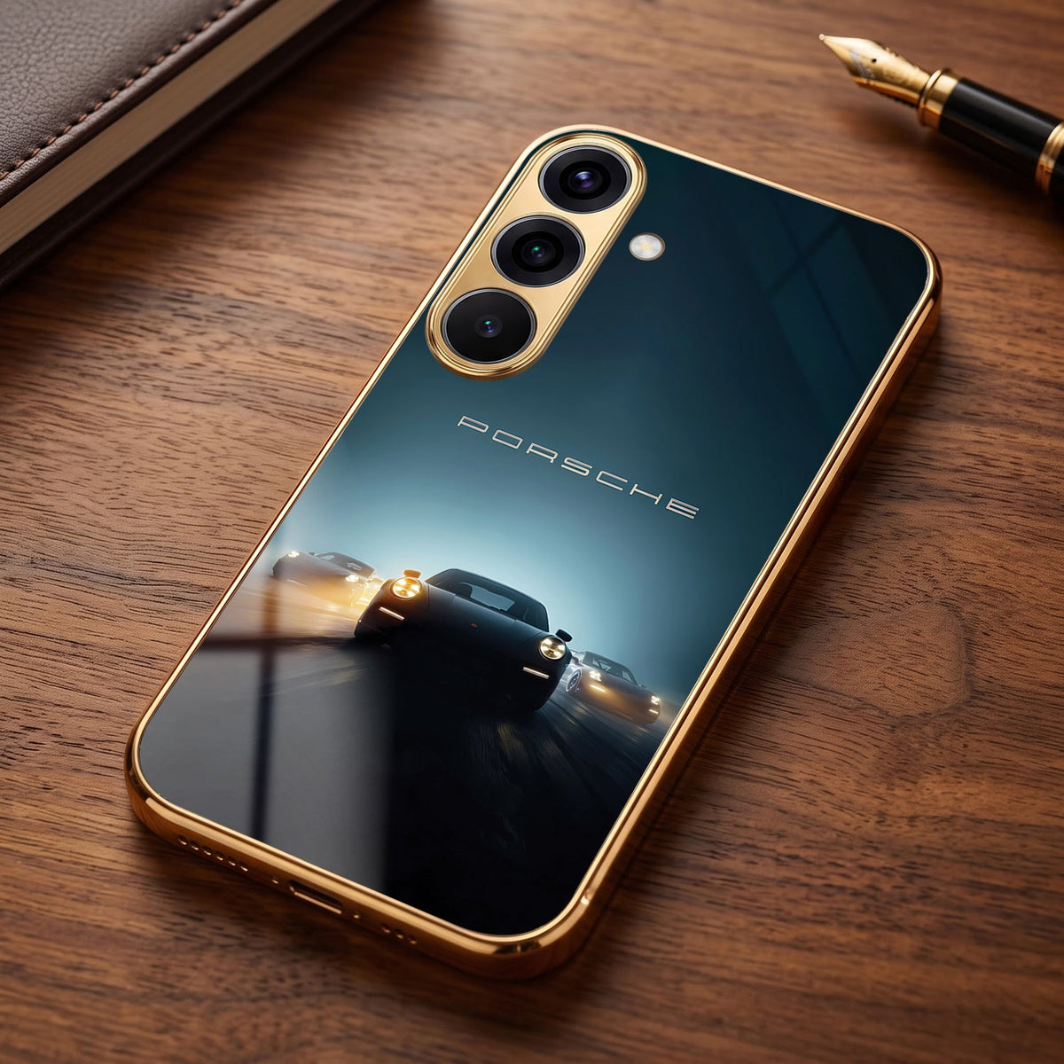 Samsung Galaxy A36 5G Porsche Luxury Gold Electroplated Glass Phone Back Case