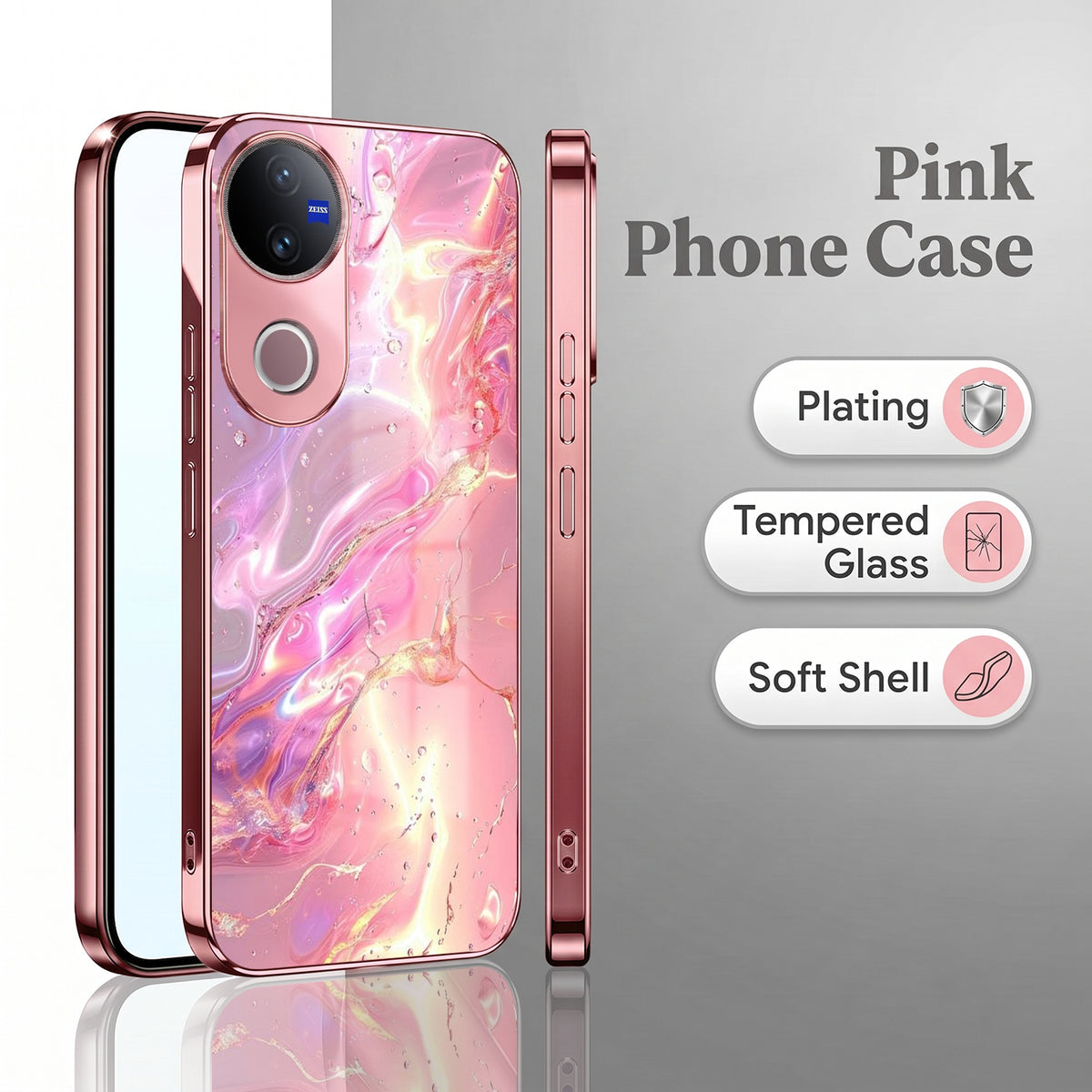 Vivo V50 5G Pearl Aurora Pink Electroplated Glass Phone Back Case