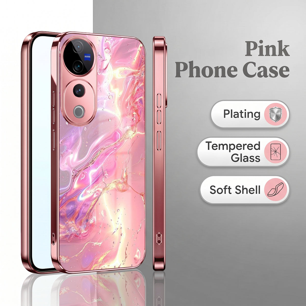Vivo V40 Pro 5G Pearl Aurora Pink Electroplated Glass Phone Back Case