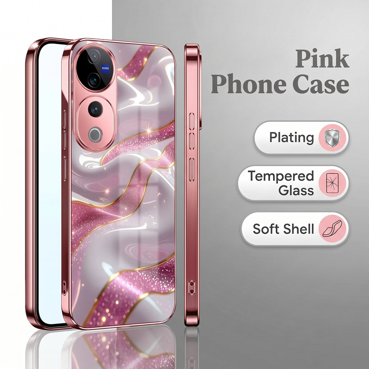Vivo V40 Pro 5G Pearl Marble Pink Electroplated Glass Phone Back Case