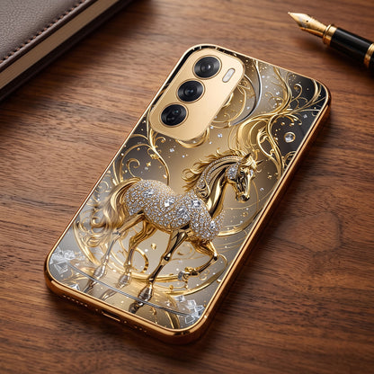 Oppo Reno 12 Pro 5G Luxury Horse Texture Gold Electroplated Glass Phone Back Case