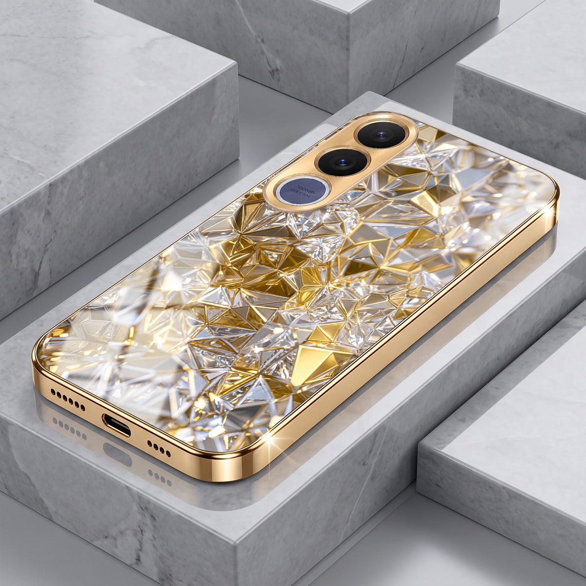 Vivo V70 FE 5G White Diamond Shatter Gold Electroplated Glass Phone Back Case