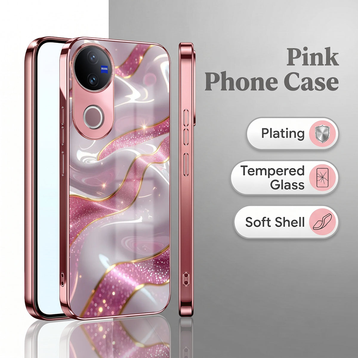 Vivo V50 5G Pearl Marble Pink Electroplated Glass Phone Back Case