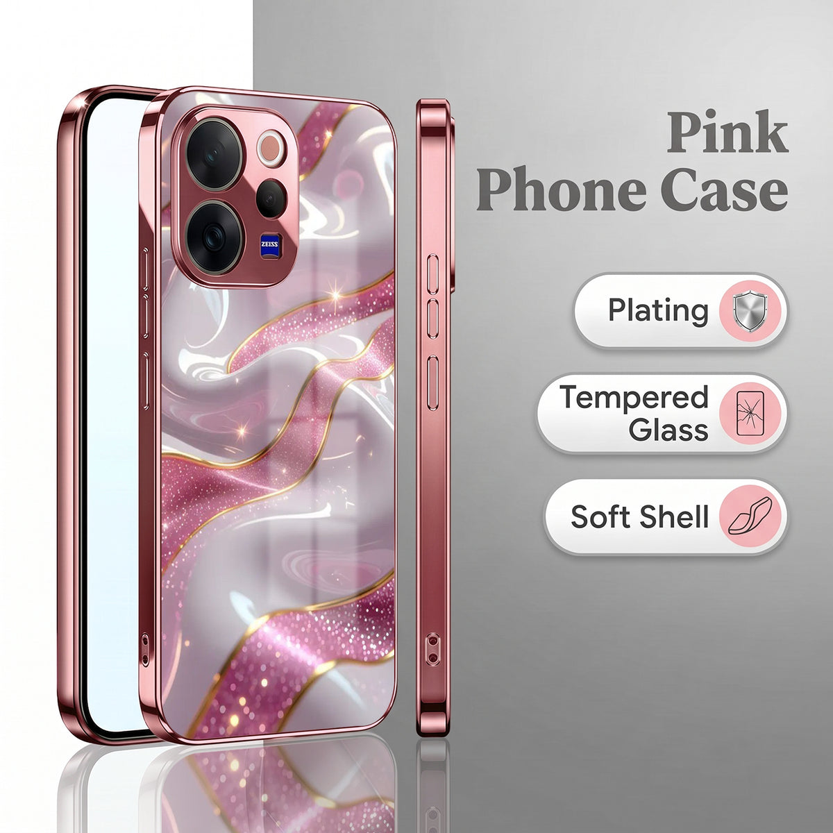 Vivo V70 5G Pearl Marble Pink Electroplated Glass Phone Back Case