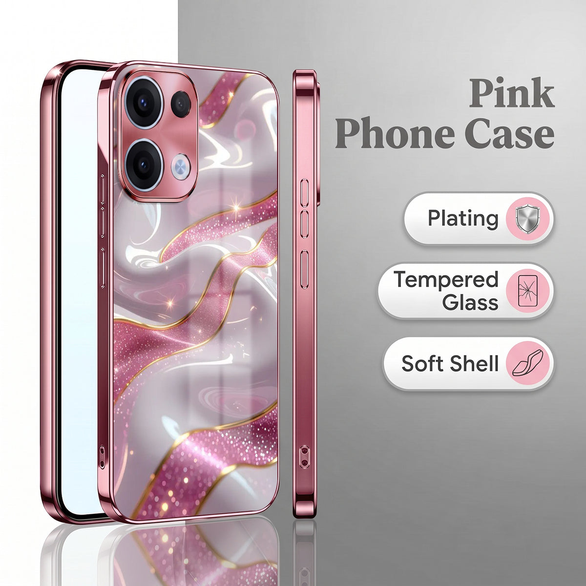 Oppo Reno 13 5G Pearl Marble Pink Electroplated Glass Phone Back Case