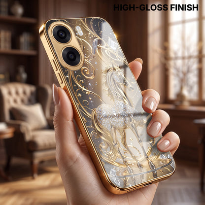 Oppo K14x 5G Luxury Horse Texture Gold Electroplated Glass Phone Back Case