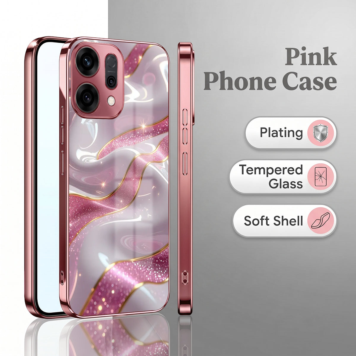 Oppo Reno 14 5G Pearl Marble Pink Electroplated Glass Phone Back Case