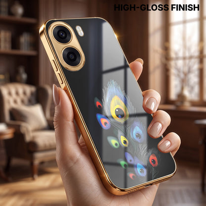 Oppo K14x 5G Multi-Feather Peacock Gold Electroplated Glass Phone Back Case