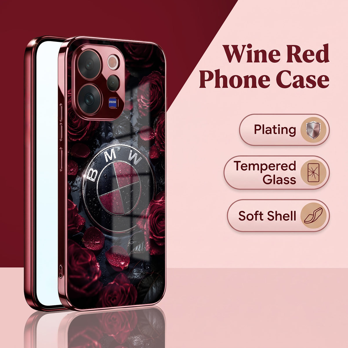 Vivo V70 5G BMW Logo Burgundy Electroplated Glass Back Case