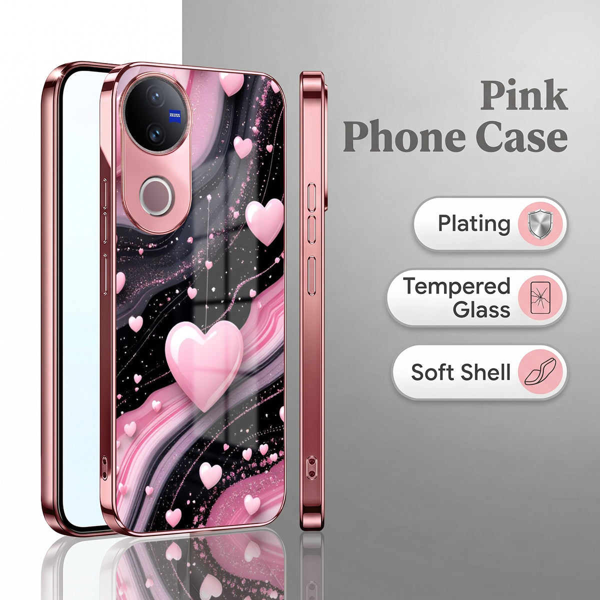 Vivo V50 5G Love Sparkle Pink Electroplated Glass Phone Back Case