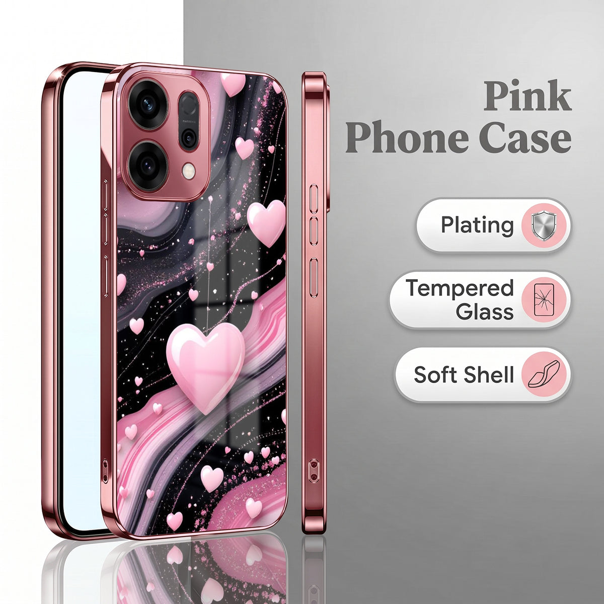Oppo Reno 14 5G Love Sparkle Pink Electroplated Glass Phone Back Case