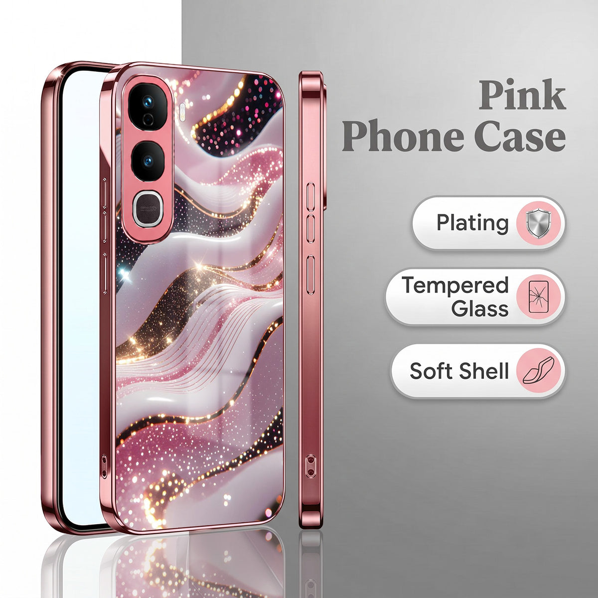 Vivo Y400 Pro 5G Midnight Pearl Wave Pink Electroplated Glass Phone Back Case