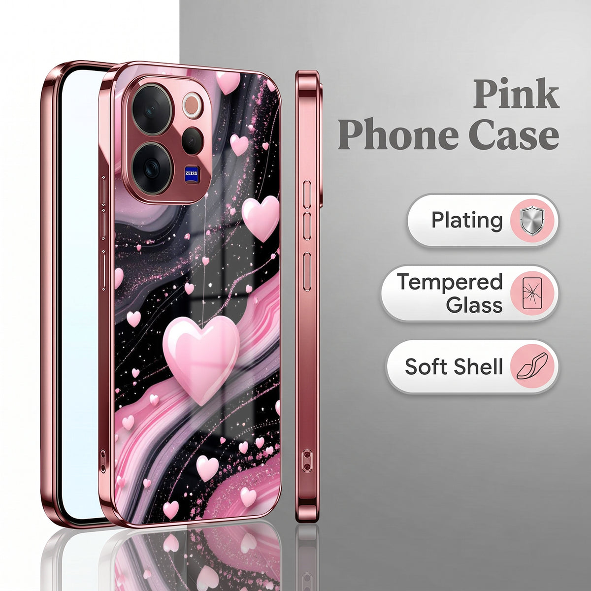 Vivo V70 5G Love Sparkle Pink Electroplated Glass Phone Back Case