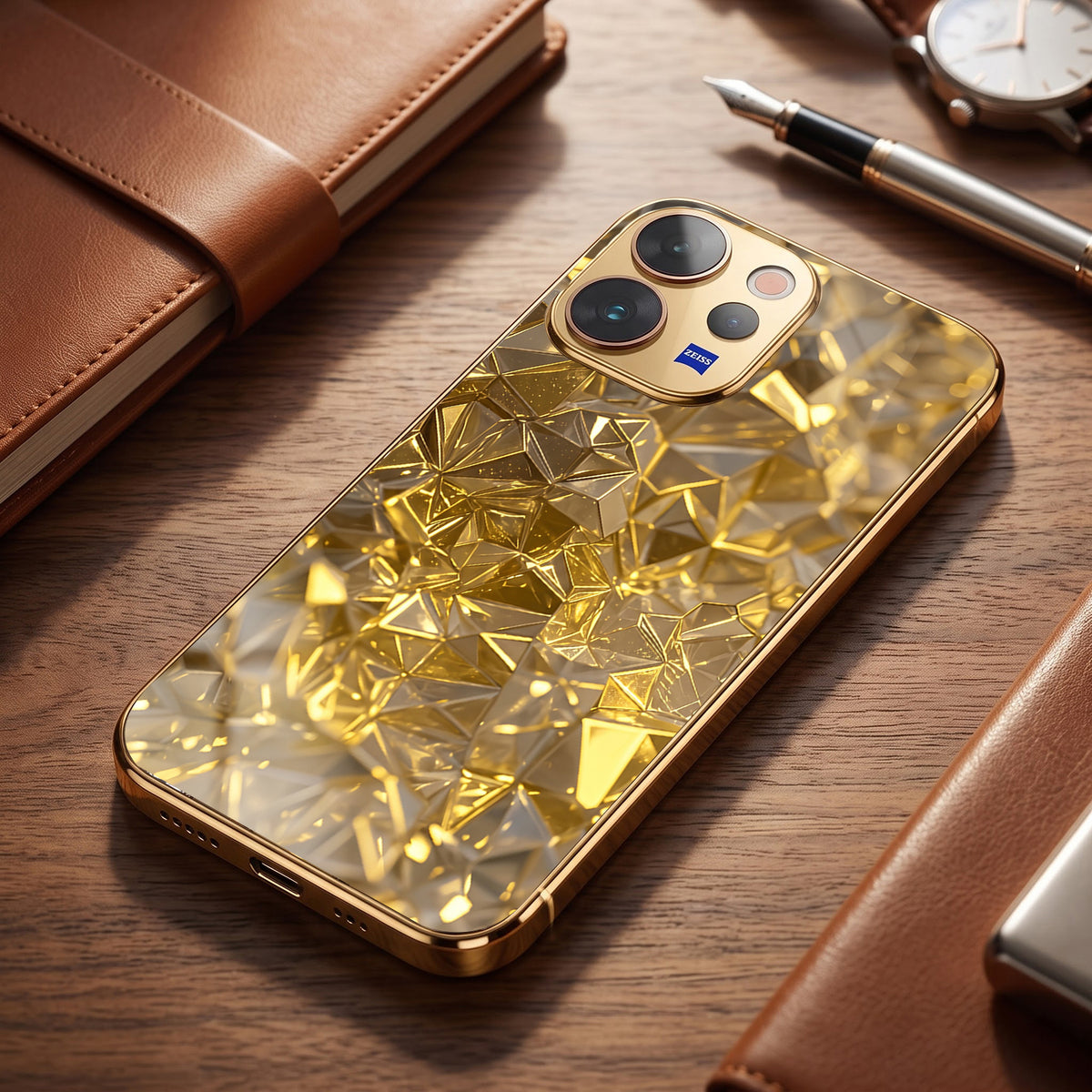 Vivo V70 5G Golden Diamond Shatter Gold Electroplated Glass Phone Back Case
