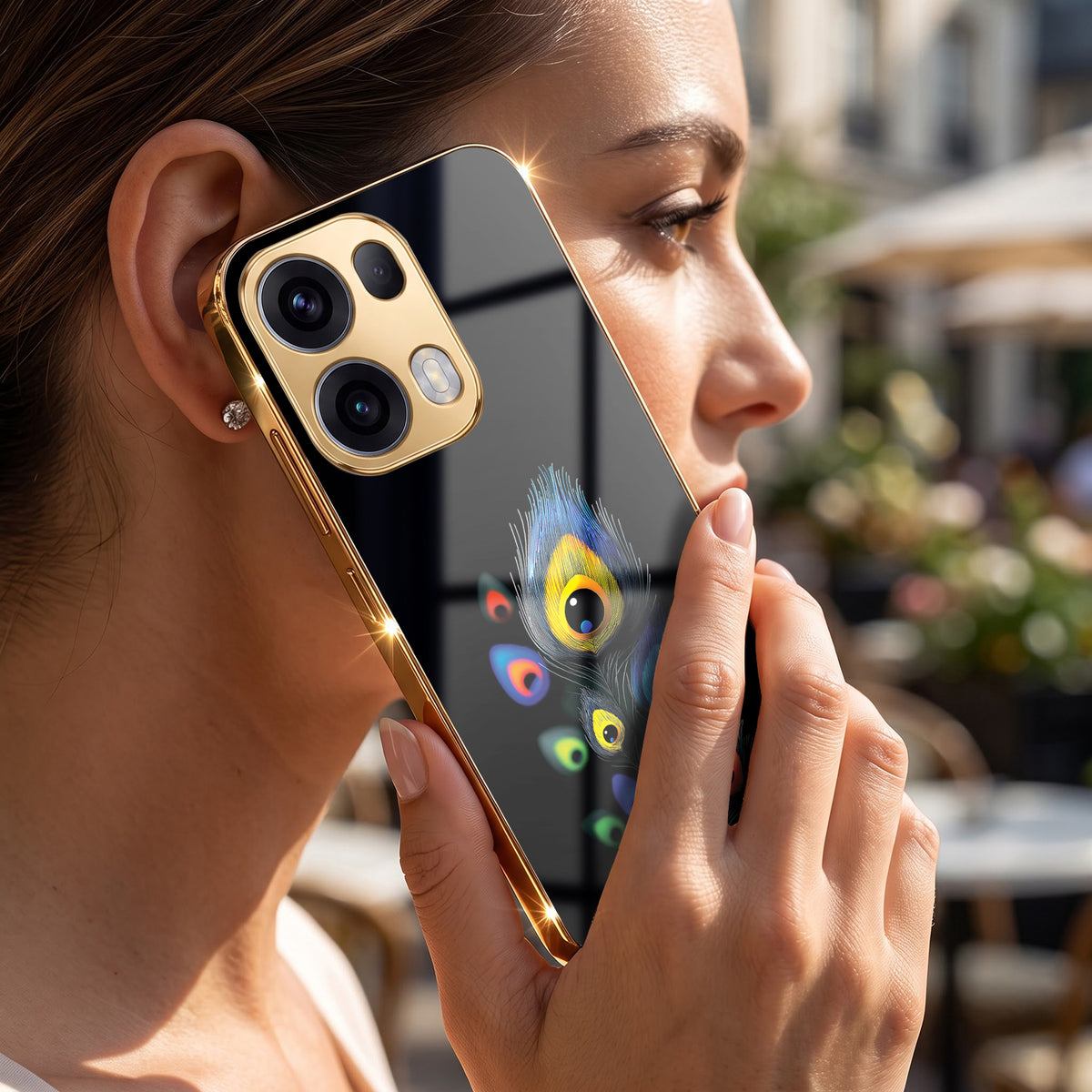 Oppo Reno 13 Pro 5G Multi-Feather Peacock Gold Electroplated Glass Phone Back Case