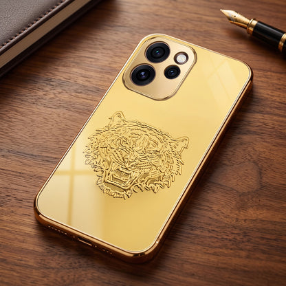 Oppo Reno 15 Pro Mini 5G Golden Tiger Face Gold Electroplated Glass Phone Back Case