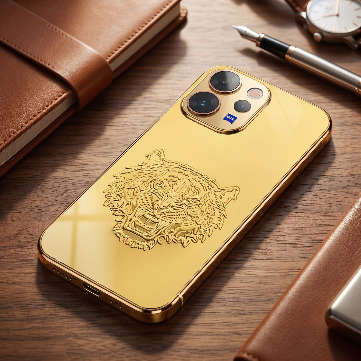 Vivo V70 5G Golden Tiger Face Gold Electroplated Glass Phone Back Case