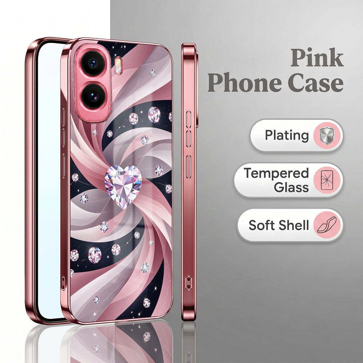 Vivo T5 Pro 5G Diamond Glam Pink Electroplated Glass Phone Back Case