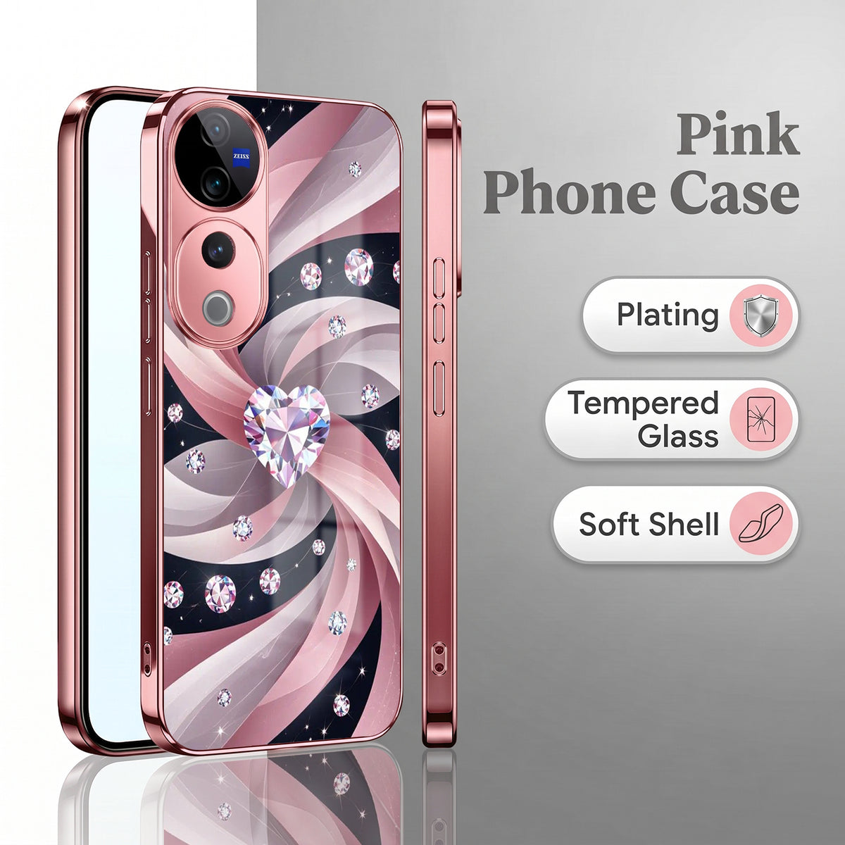 Vivo V40 Pro 5G Diamond Glam Pink Electroplated Glass Phone Back Case