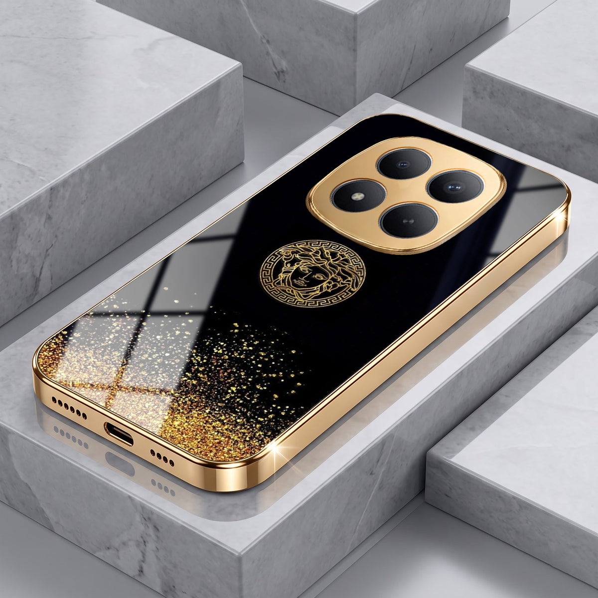 Redmi Note 15 Pro+ 5G Medusa Head Gold Electroplated Glass Phone Back Case