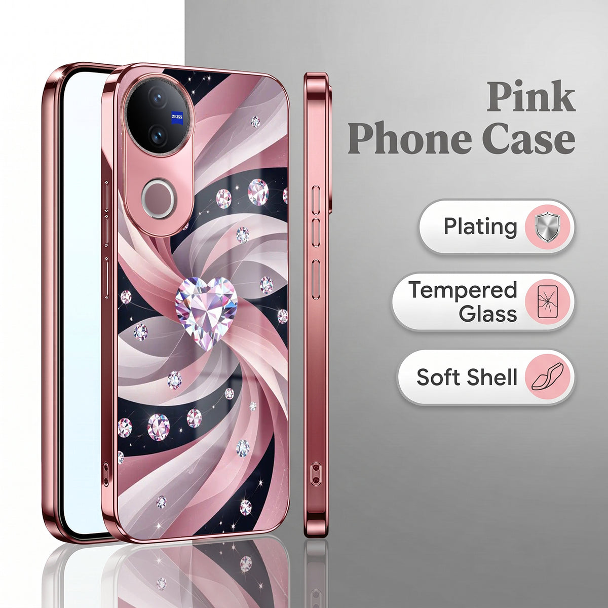 Vivo V50 5G Diamond Glam Pink Electroplated Glass Phone Back Case