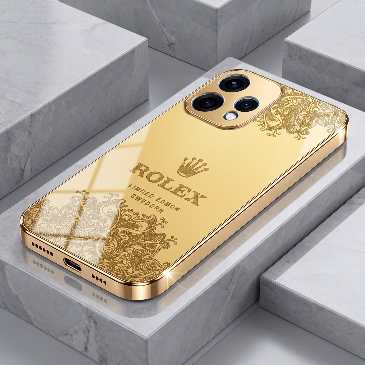 Oppo Reno 15 5G Rolex Crown Gold Electroplated Glass Phone Back Case