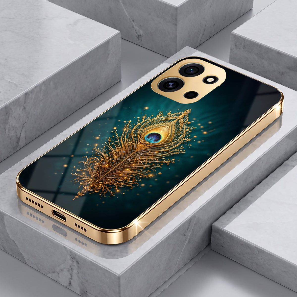 OnePlus Nord 6 5G Golden Peacock Feather Gold Electroplated Glass Phone Back Case